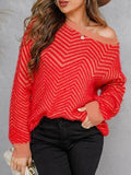 Angel Wings Striped Round Neck Dropped Shoulder Sweater - Hovatok