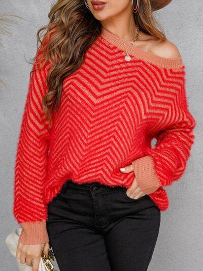 Angel Wings Striped Round Neck Dropped Shoulder Sweater - Hovatok