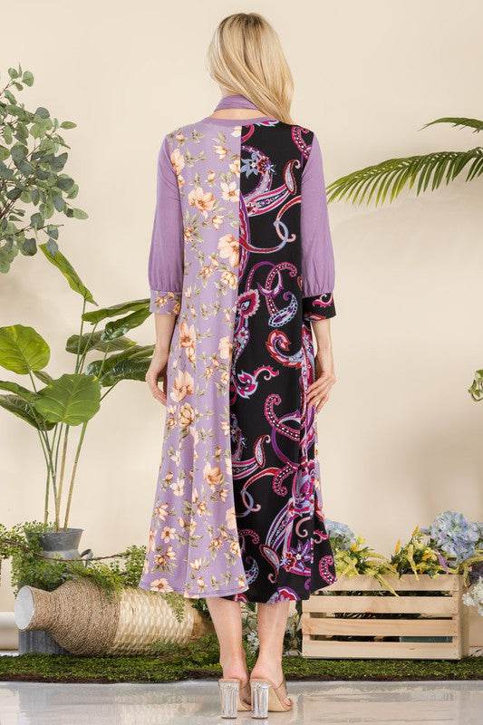 Celeste Full Size Paisley And Floral Contrast Tent Midi Dress Plus Size - Hovatok