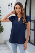 Ruffled Notched Short Sleeve Blouse - Hovatok