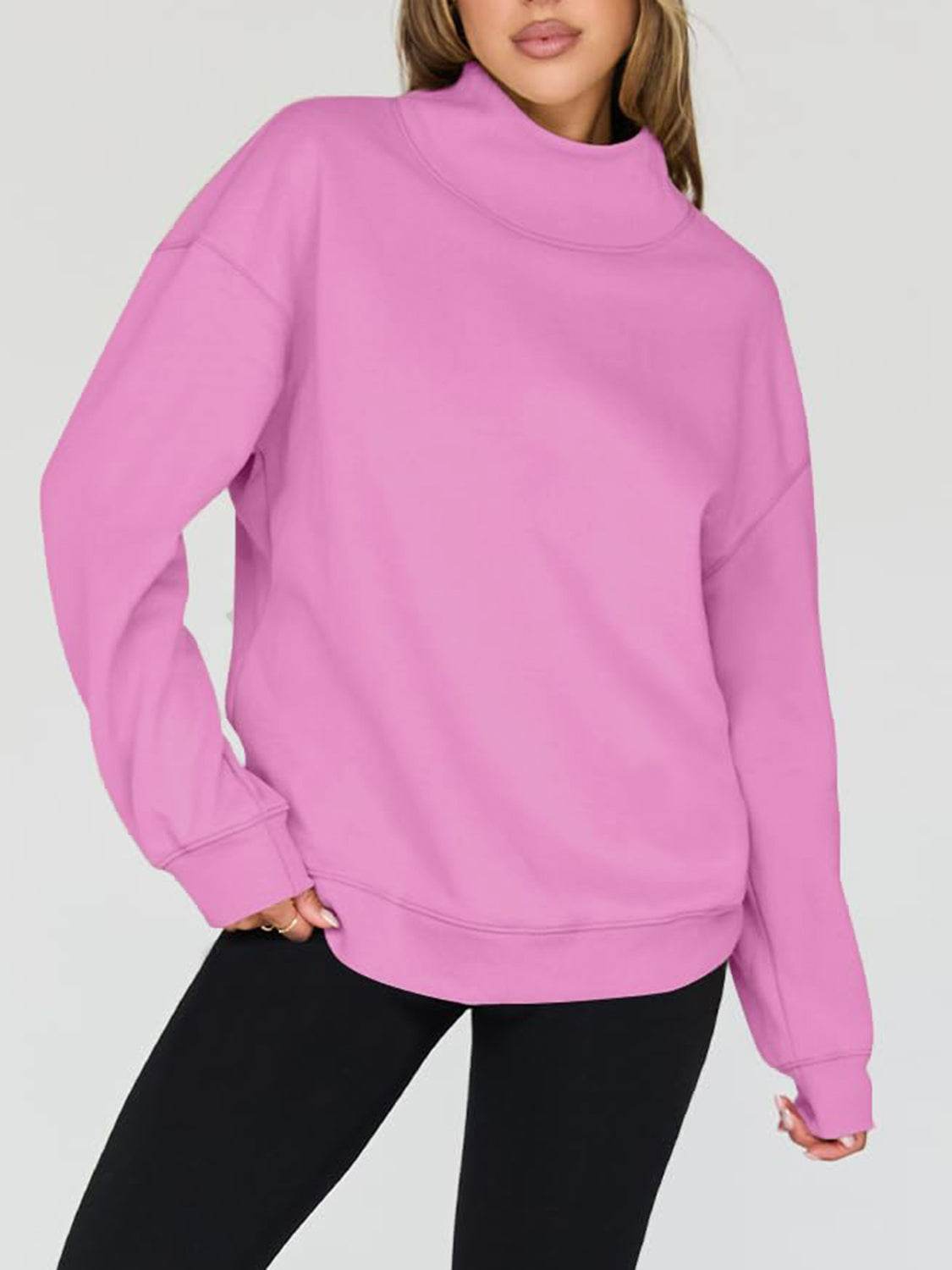 Mock Neck Drop Shoulder Long Sleeve Sweatshirt - Hovatok