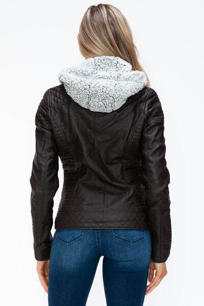 YMI Faux Layered Double-Zipper Jacket with Fuzzy Hood - Hovatok