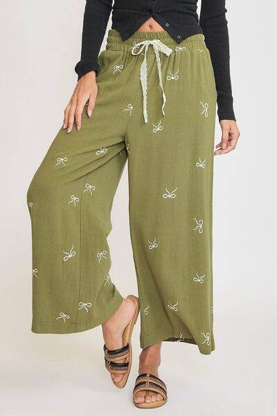 Umgee Full Size Lace Drawstring Embroidered Bow Wide Leg Pants Plus Size - Hovatok