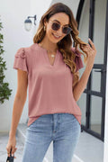Ruffled Notched Short Sleeve Blouse - Hovatok