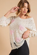 Kori America Heart Pattern Distressed Sweater - Hovatok