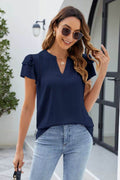 Ruffled Notched Short Sleeve Blouse - Hovatok