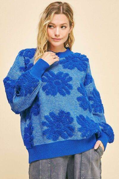 Davi & Dani Flower Texture Round Neck Dropped Shoulder Sweater - Hovatok