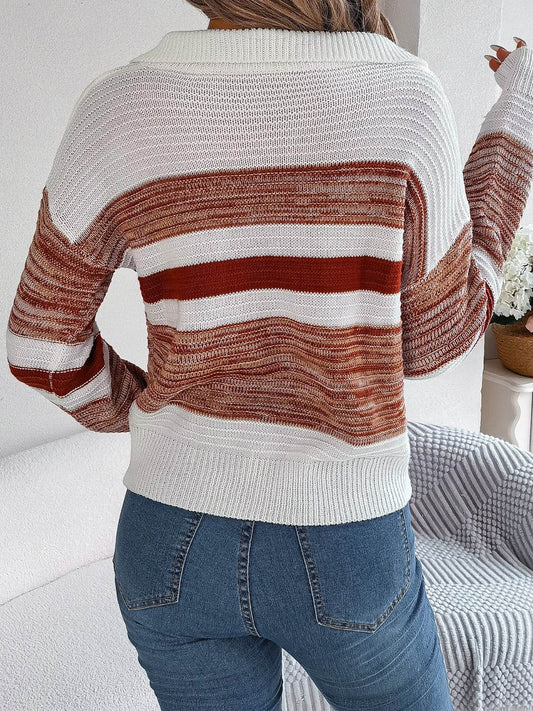 Striped Collared Neck Long Sleeve Sweater - Hovatok