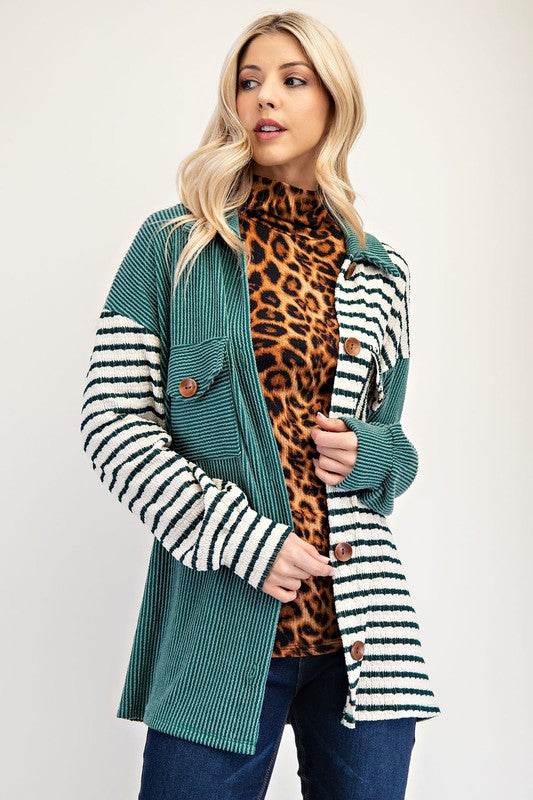 Celeste Full Size Striped Button Up Dropped Shoulder Shacket - Hovatok
