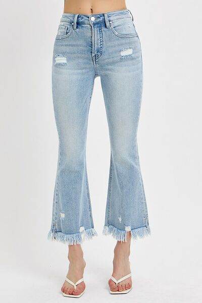 RISEN Full Size Raw Hem Distressed Cropped Flare Jeans Plus Size - Hovatok