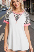 HeimishFull Size Leopard Round Neck Short Sleeve T-Shirt with Stitch Plus Size - Hovatok