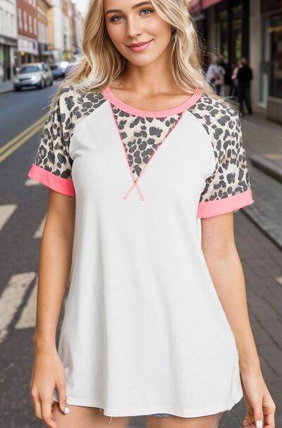 HeimishFull Size Leopard Round Neck Short Sleeve T-Shirt with Stitch Plus Size - Hovatok