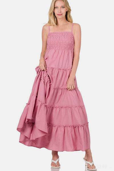 Zenana Woven Smocked Tiered Cami Maxi Dress - Hovatok