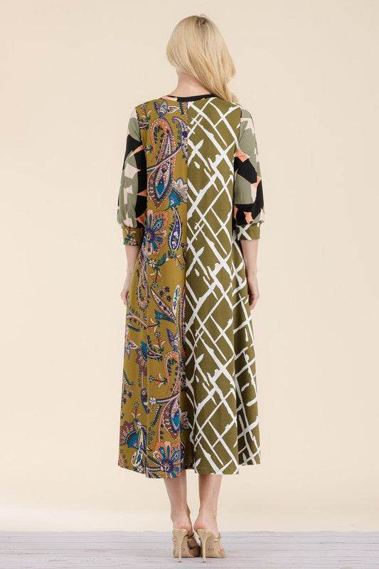 Celeste Full Size Paisley Contrast Tent Midi Dress Plus Size - Hovatok