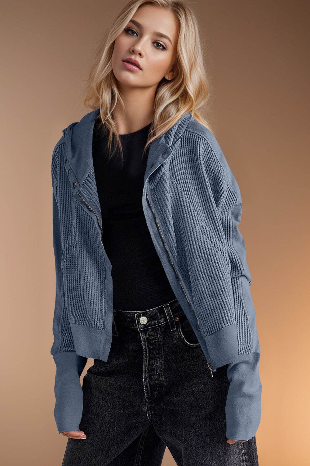 Double Take Waffle-Knit Zip Up Long Sleeve Hooded Jacket - Hovatok