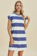 Basic Bae Full Size Striped Round Neck Cap Sleeve Mini Dress - Hovatok
