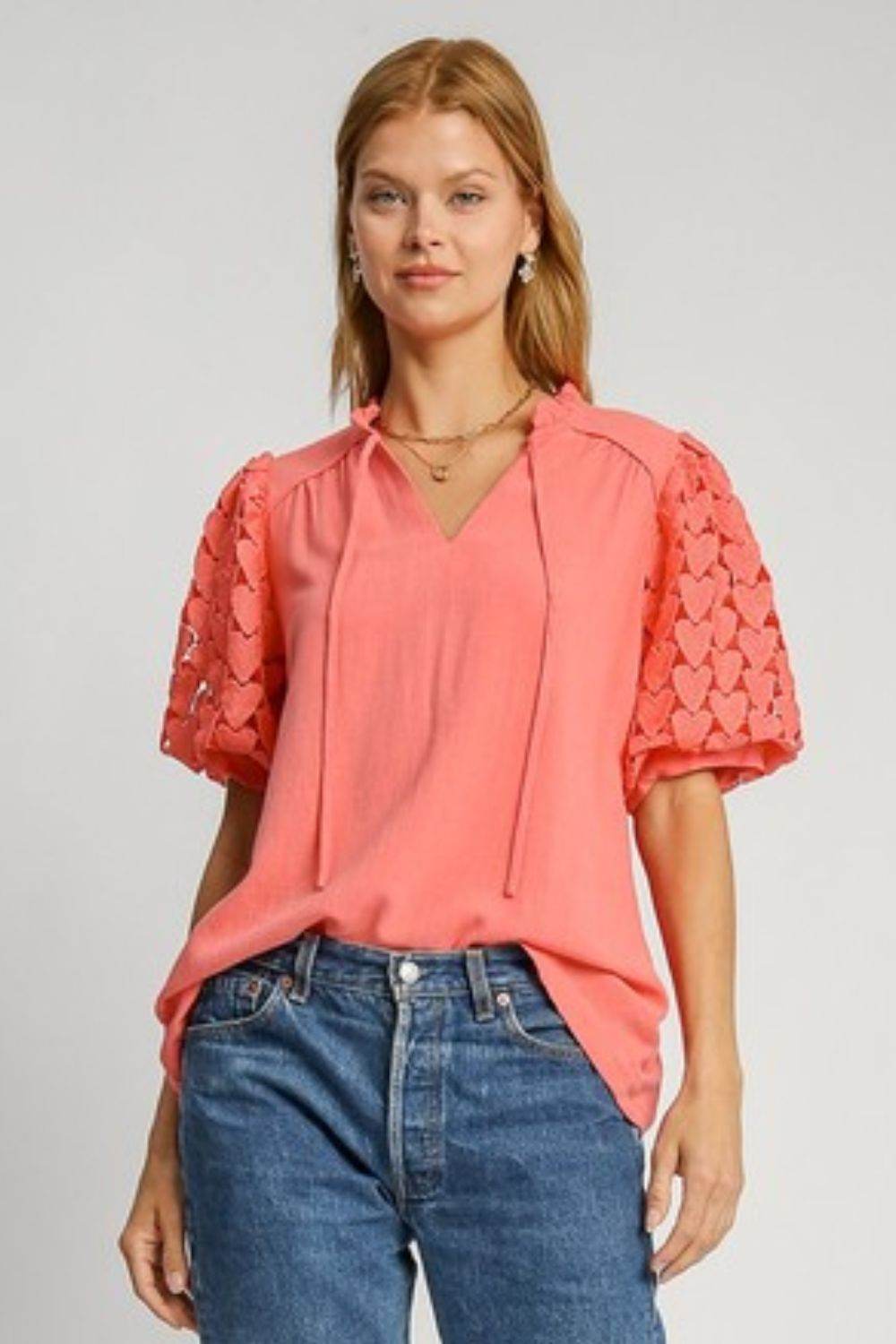 Umgee Full Size Heart Lace Sleeve Ruffle Collar Top Plus Size - Hovatok