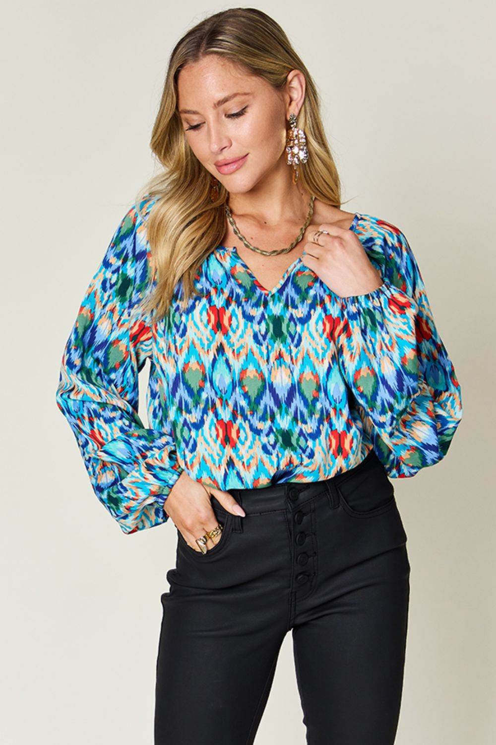 Double Take Full Size Printed Balloon Sleeve Blouse - Hovatok