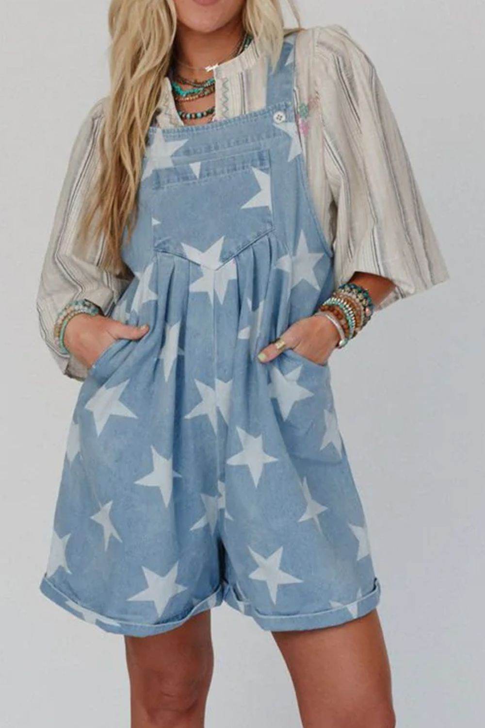 Star Print Square Neck Denim Overalls - Hovatok