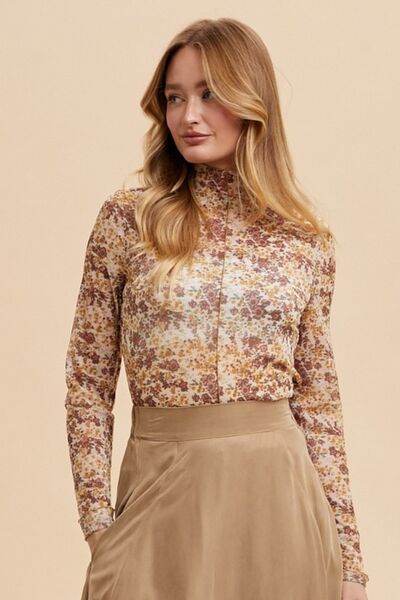 Annie Wear Floral Lettuce Hem Sheer Mesh Top - Hovatok