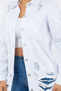 American Bazi Distressed Button Up Long Sleeve Denim Jacket - Hovatok