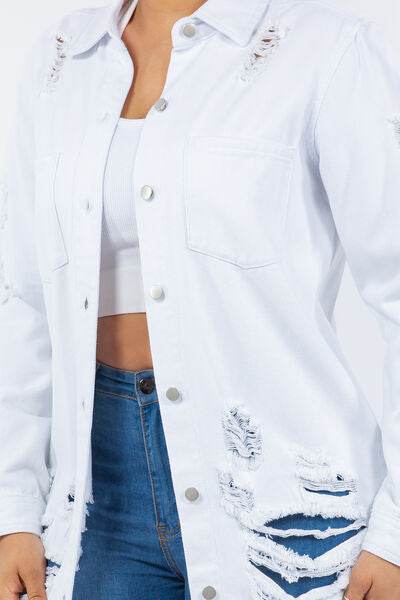 American Bazi Distressed Button Up Long Sleeve Denim Jacket - Hovatok