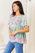 Perfee Floral Tie Neck Short Sleeve Blouse - Hovatok