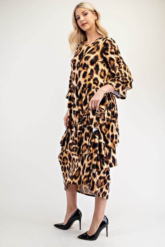 Celeste Full Size Leopard Asymmetrical Ruffle Midi Dress Plus Size - Hovatok