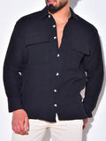 Men's Full Size Collared Neck Long Sleeve Shirt with Chest Pockets Plus Size - Hovatok