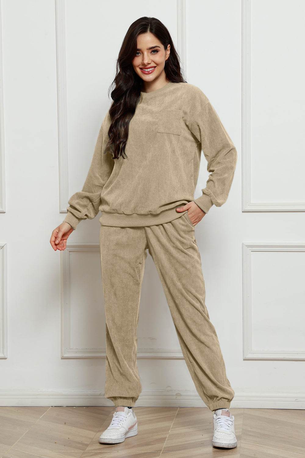 Corduroy Round Neck Sweatshirt and Sweatpants Set - Hovatok