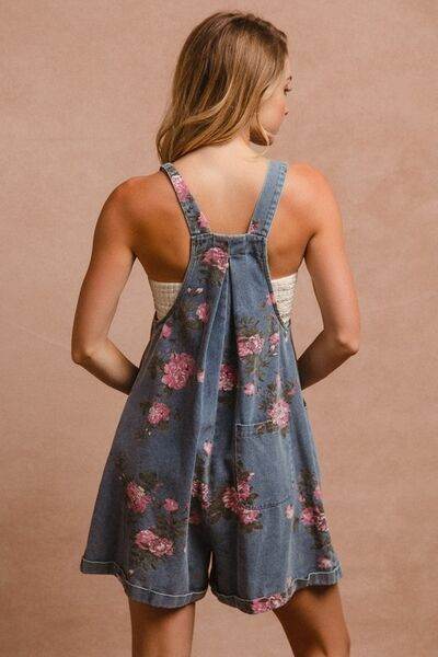 BiBi Flower Printed Wide Strap Denim Overalls - Hovatok