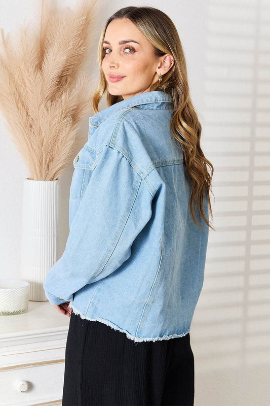 Double Take Dropped Shoulder Raw Hem Denim Jacket - Hovatok