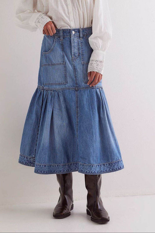 Midi Denim Skirt with Pockets - Hovatok