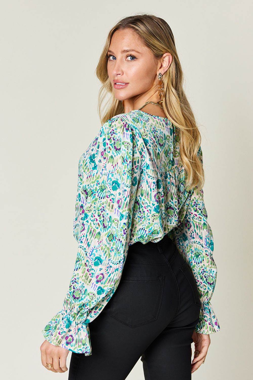 Double Take Full Size Printed Flounce Sleeve Blouse - Hovatok