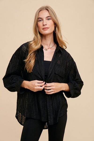 Annie Wear Openwork Button Down Drop Shoulder Shirt - Hovatok