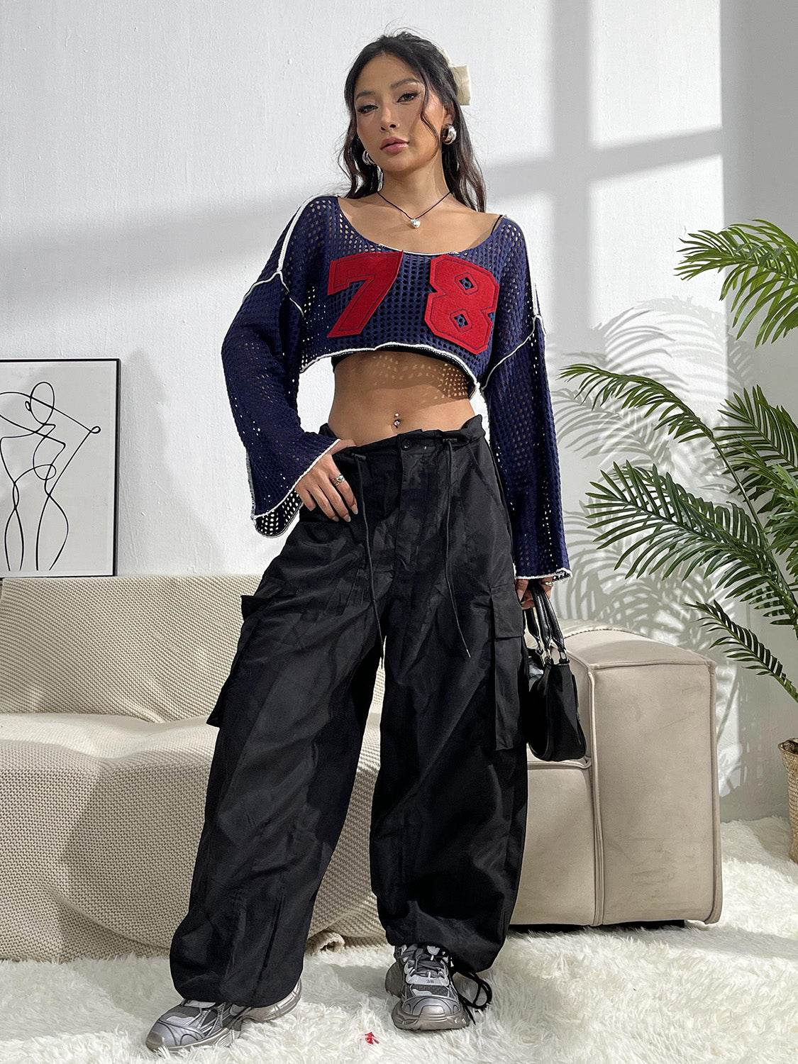 Contrast Patches Long Sleeve Cropped Knit Top - Hovatok